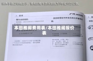 本田雅阁费用表/本田雅阁报价表